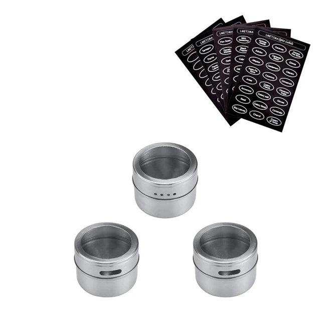 Magnetic stainless steel spice jar set from Showlu Smart General with clear lids, ideal for kitchen storage and spice organization.