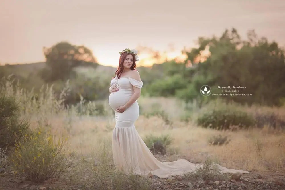 Cotton and chiffon off-shoulder maternity gown with half-circle design, perfect for pregnancy photoshoots and maternity photography.