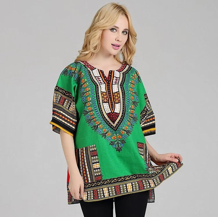 Colorful African Dashiki dress with floral cotton print, featuring traditional design and vibrant patterns, perfect for cultural celebrations.