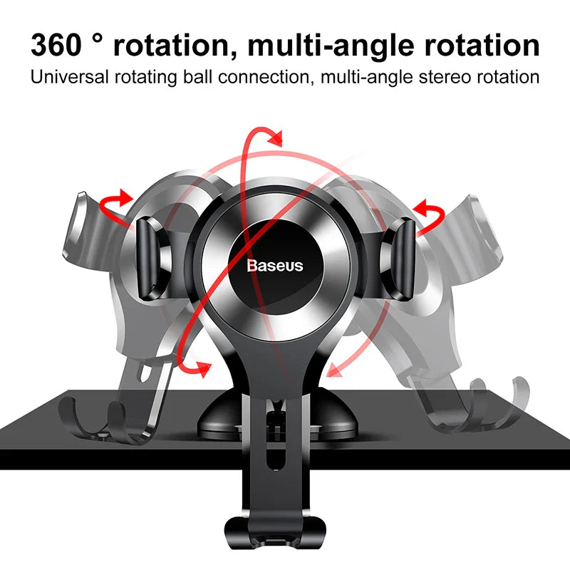 Black Baseus Gravity Car Phone Holder with suction cup dashboard mount showing adjustable grip and sleek design.