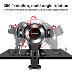 A black Baseus gravity car phone holder with a suction cup base and adjustable rotating head.