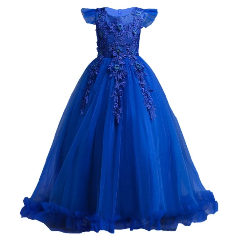 Girls' flower lace formal sleeveless long dress by Showlu Fashion, perfect for weddings and special occasions for ages 4-15.