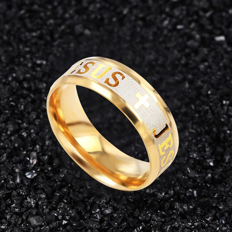 Stainless steel cross ring featuring 8mm width, I Love Jesus design, men's wedding band, Showlu Fashion Store product.