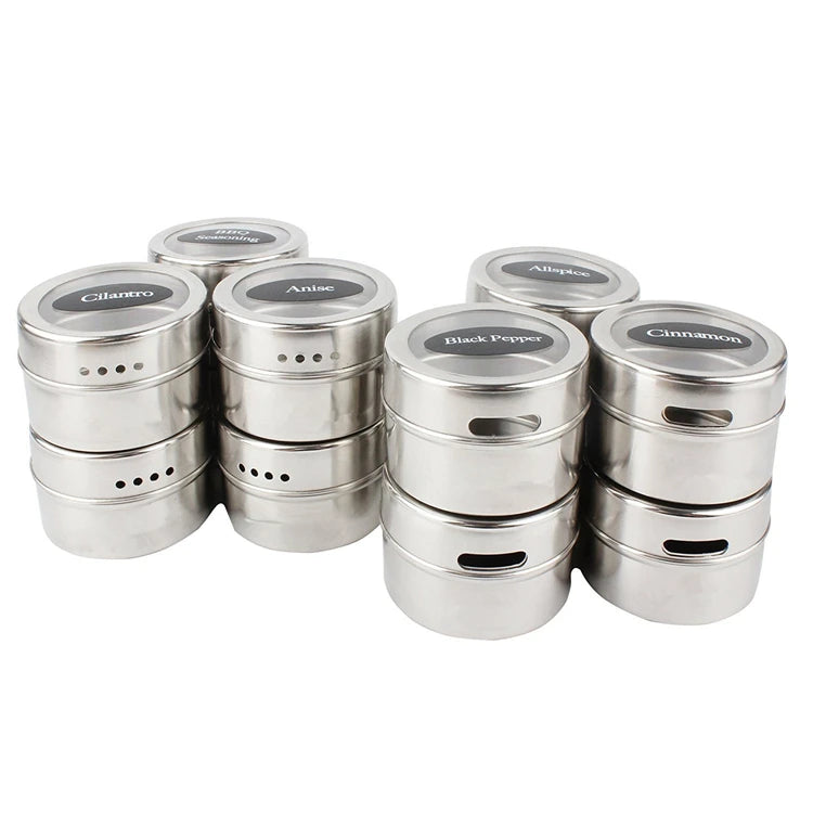 Showlu Smart General magnetic stainless steel spice jar set with labeled jars and magnetic storage for kitchen organization.