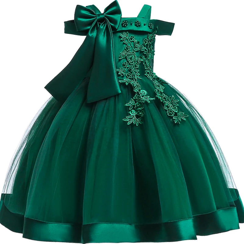 Girls lace flower wedding princess dress with big bow by Showlu Fashion, perfect for kids' parties, holidays, or special occasions.