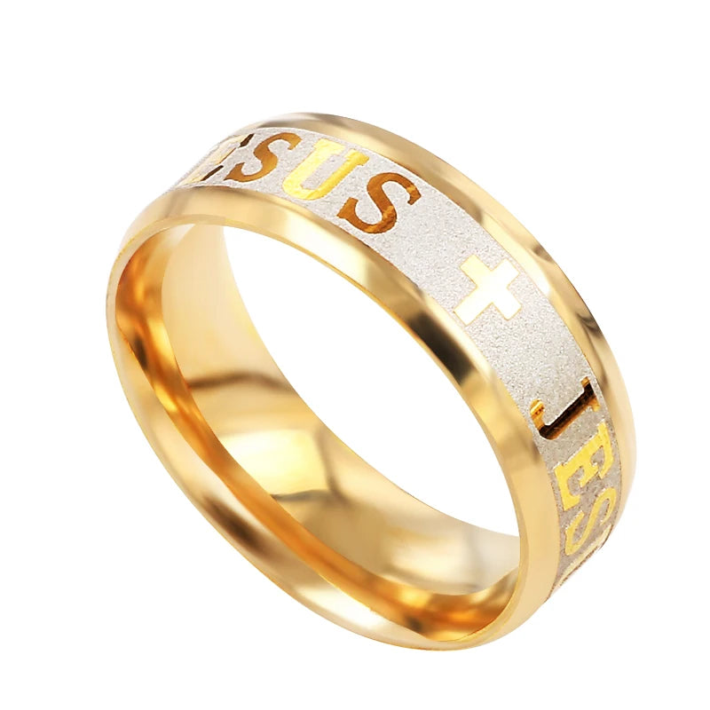 Stainless steel cross ring by QianBei with 8mm width, featuring a religious I Love Jesus design, suitable as a wedding band.