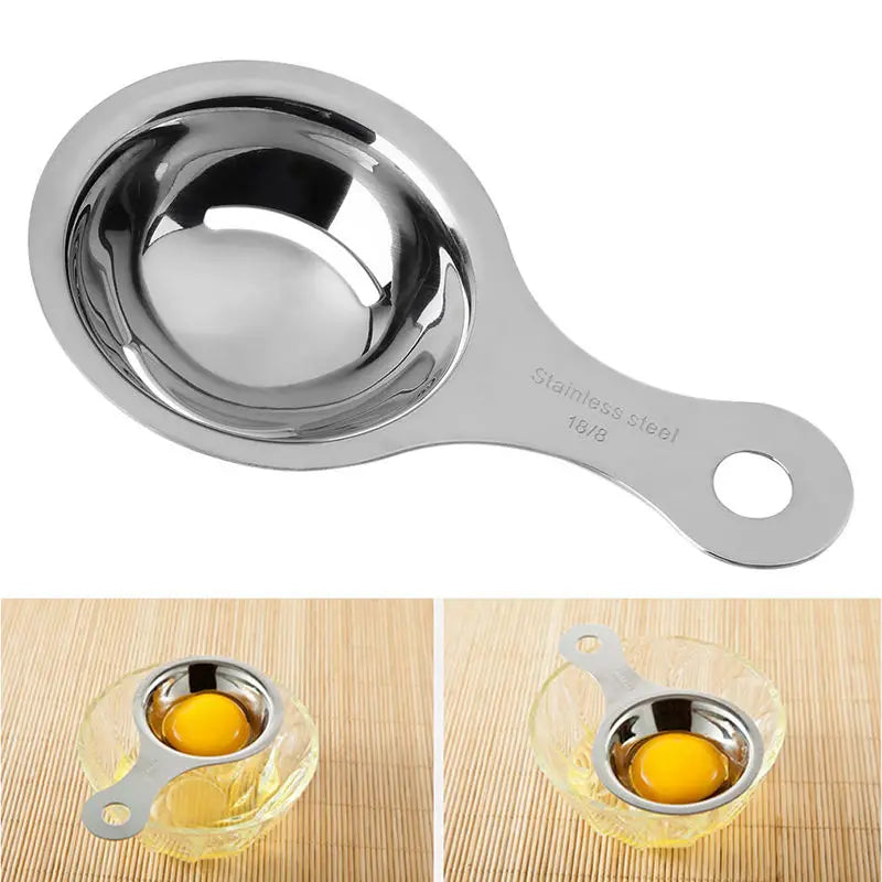 Showlu Smart General stainless steel egg white separator spoon with a handle and bowl for easy separation of egg whites.