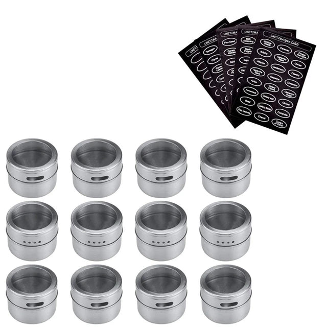 Set of magnetic stainless steel spice jars with lids, designed for kitchen storage by Showlu Smart General.
