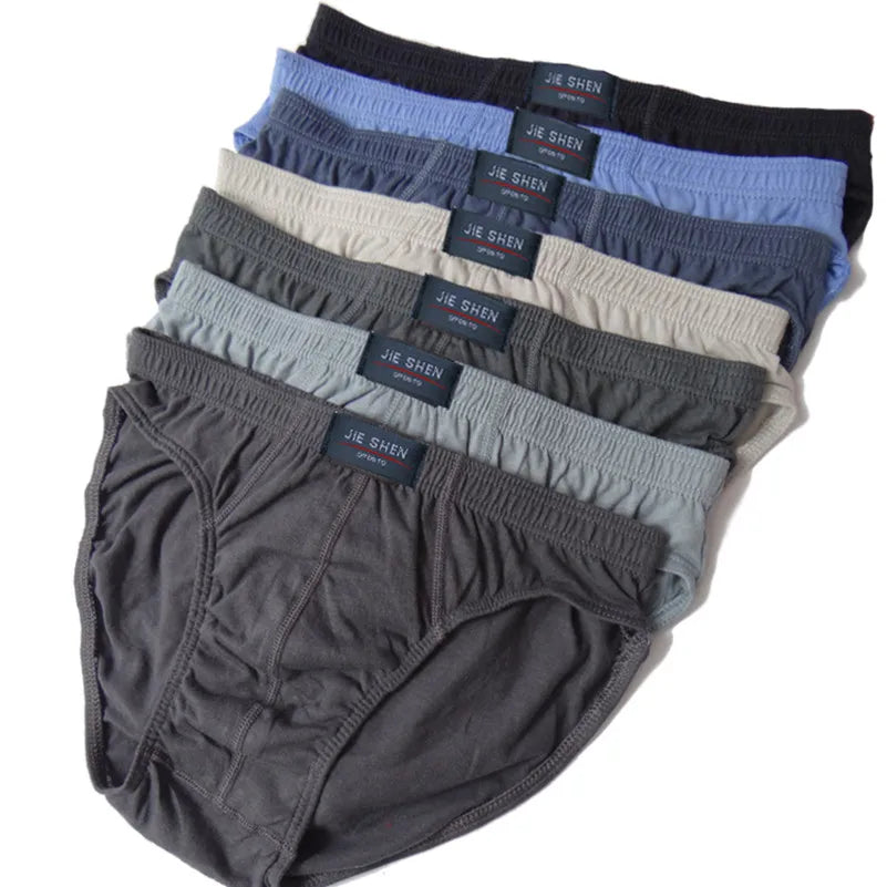 Showlu men's 100% cotton briefs in a 5-pack, solid knit comfortable underwear displayed on a flat surface.