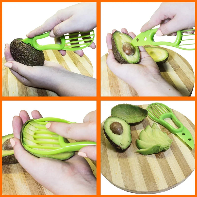 Showlu Fashion Store 3 in 1 avocado tool with peeling, pitting, and slicing features, shown in a close-up image.