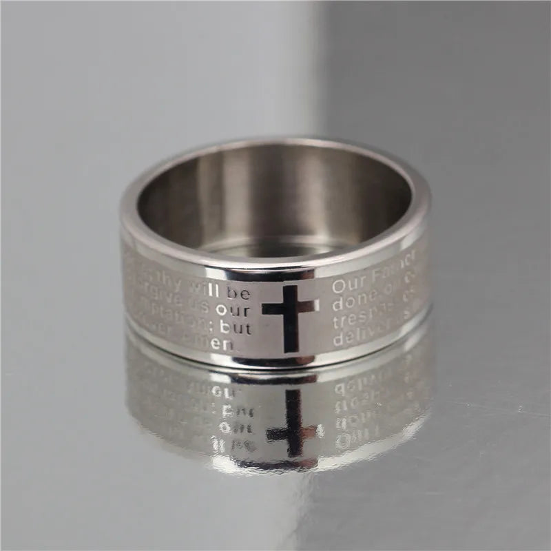 Unisex Mango Sky Titanium Steel Christian Cross Bible Ring with 8mm band, featuring a sleek, polished design.