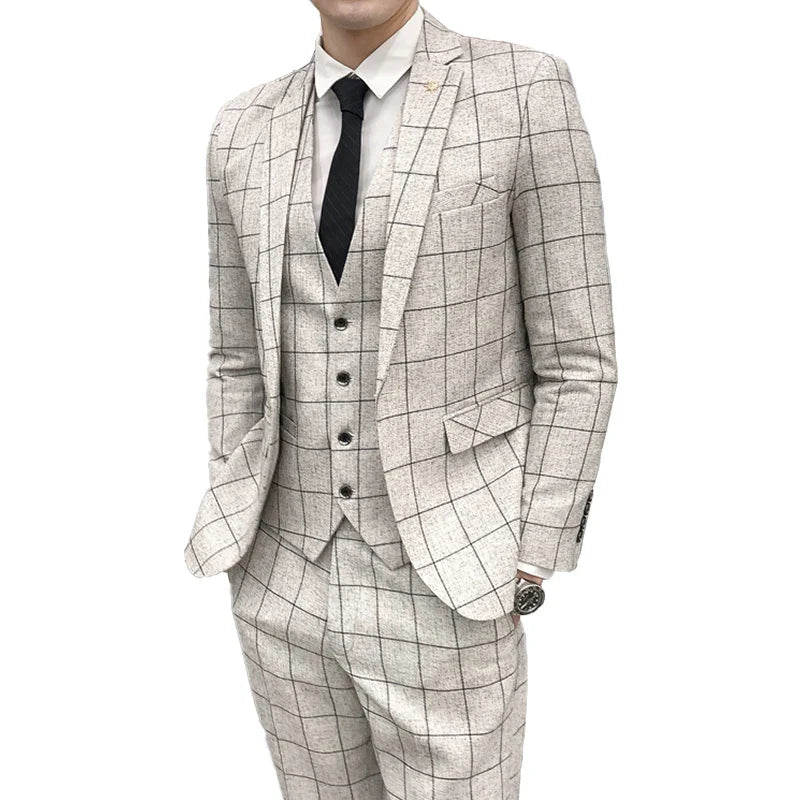 Men's slim fit plaid business suit with jacket, vest, and pants from ROM Men's by SHOWLU FASHION STORE, displayed on a neutral background.