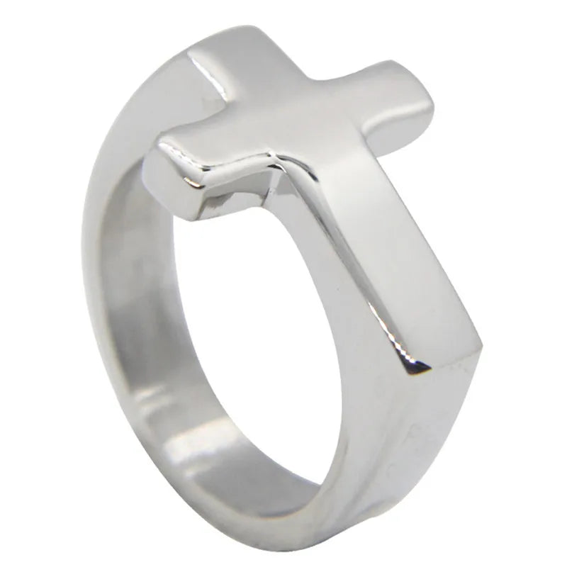 Unisex Rany&Roy Cross ring made of 316L stainless steel with punk style design, shown in a close-up shot.