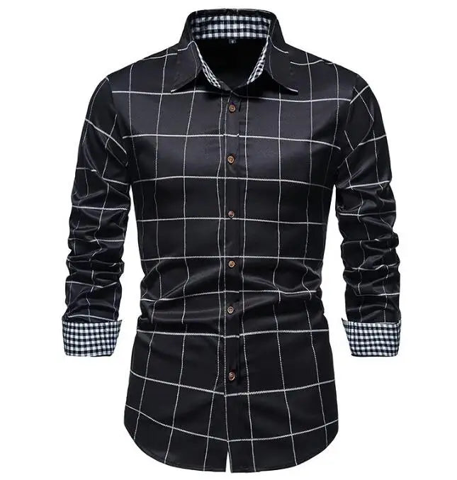 Men's plaid long sleeve casual shirt from Showlu Fashion with cotton blend fabric, styled with a cozy cardigan.