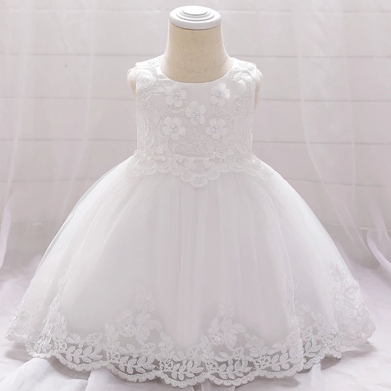 Baby girl white tulle flower dress by Showlu Fashion Store, perfect for baptism or first birthday celebrations.
