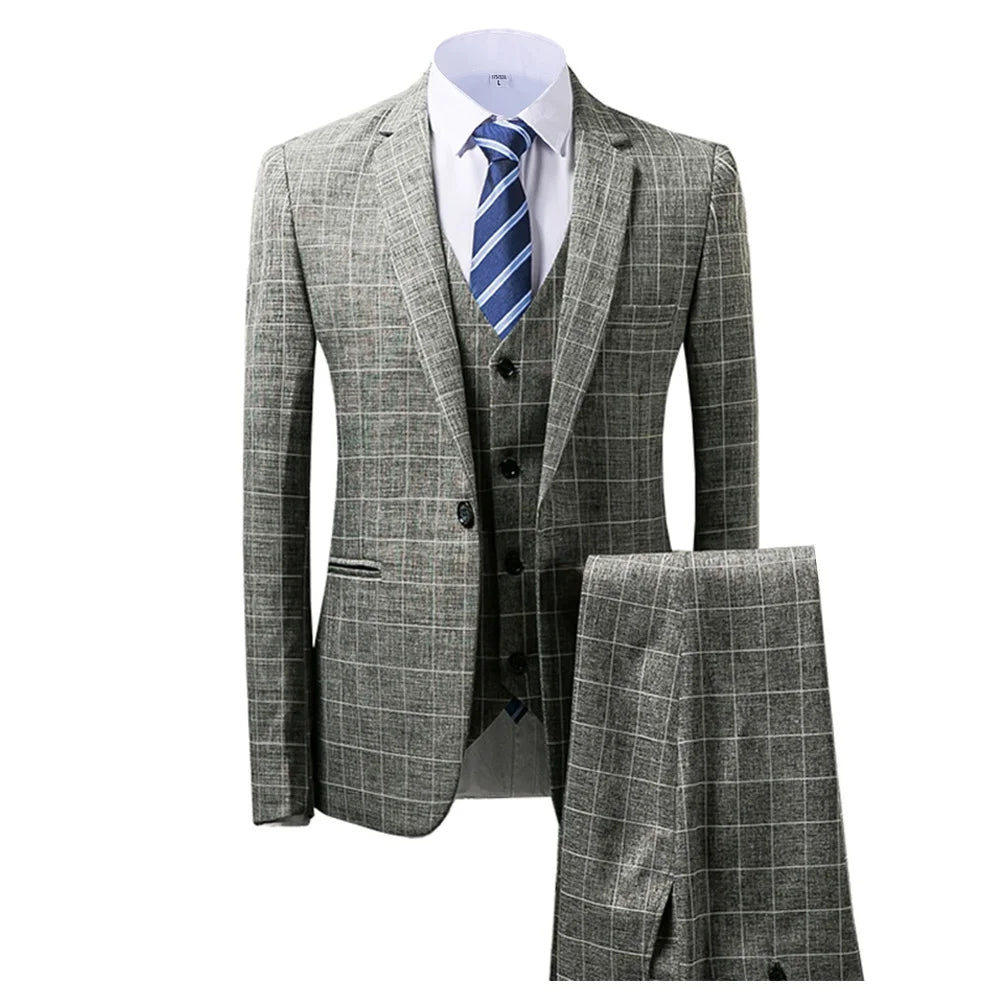 Grey/Brown Men's Suits 3 piece Plaid England Style Notched Lapel Business for Wedding Suits Men (Blazer+Vest+Pant)