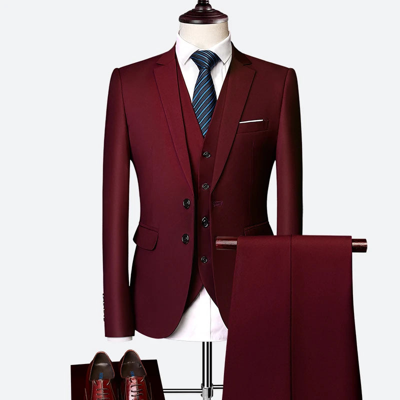 Men's wedding suit by Showlu Fashion, a classic three-piece formal Korean slim tuxedo and groom dress suit.