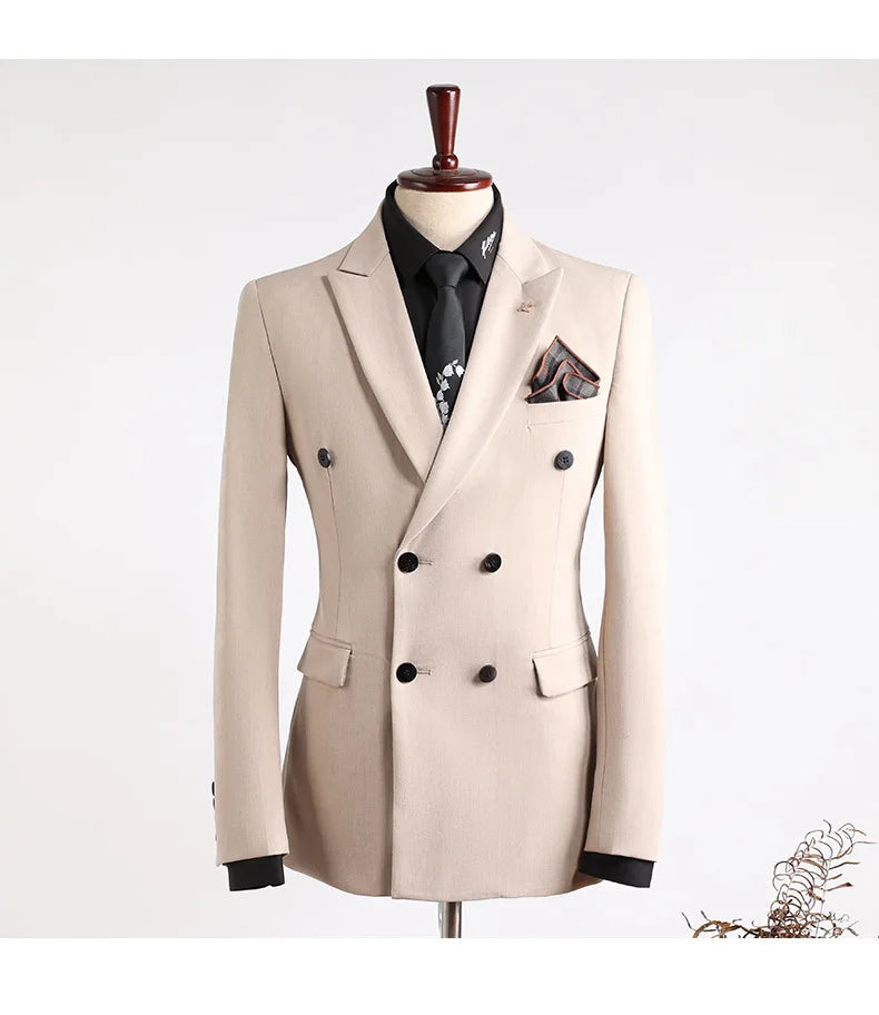 Men's slim fit double-breasted business suit by SHOWLU FASHION STORE, 2-piece set with tailored blazer and matching trousers.