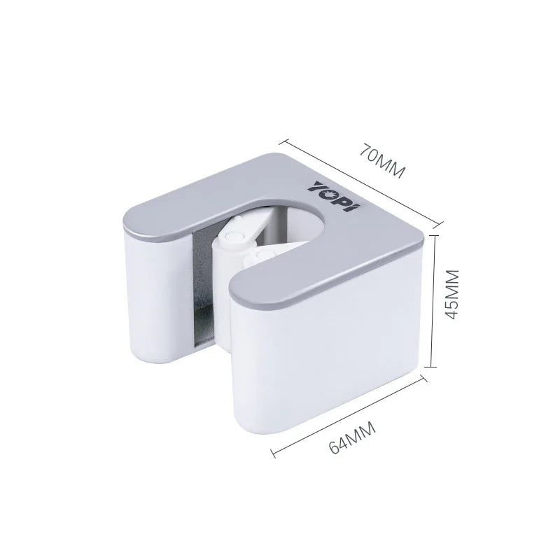 Wall mounted broom holder by Showlu Smart General, showing a sleek plastic organizer with hooks for broom and mop storage.