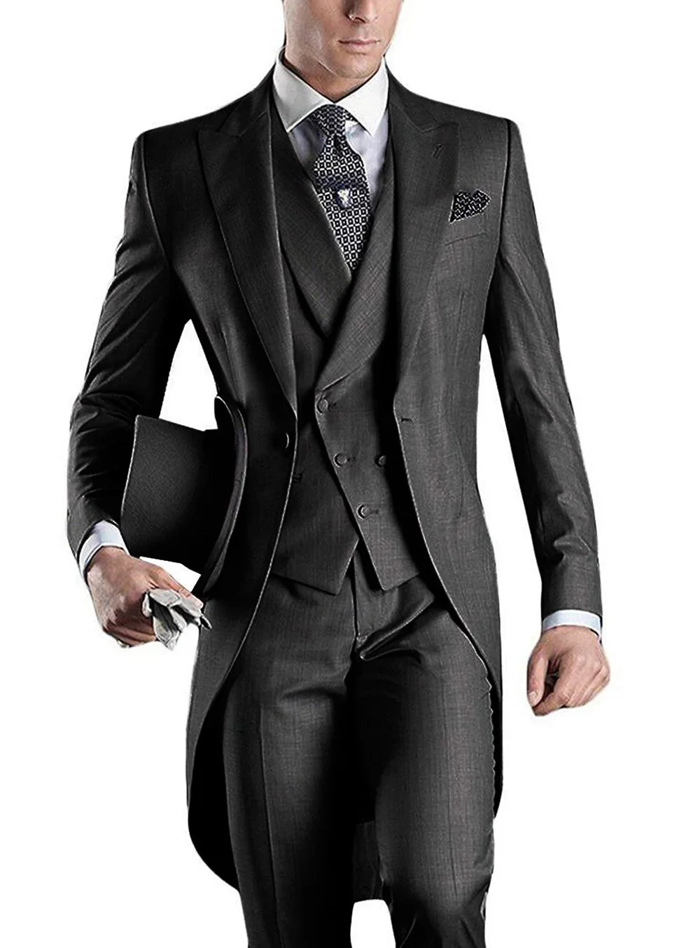 Men's black 3-piece slim fit tuxedo with peaked lapels, perfect for weddings, from SHOWLU FASHION STORE