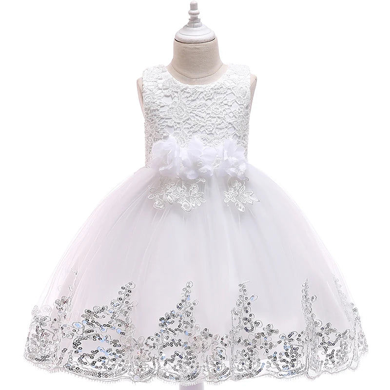 Girl's summer lace princess dress with floral design, suitable for ages 2-12, perfect for birthday parties and special occasions.