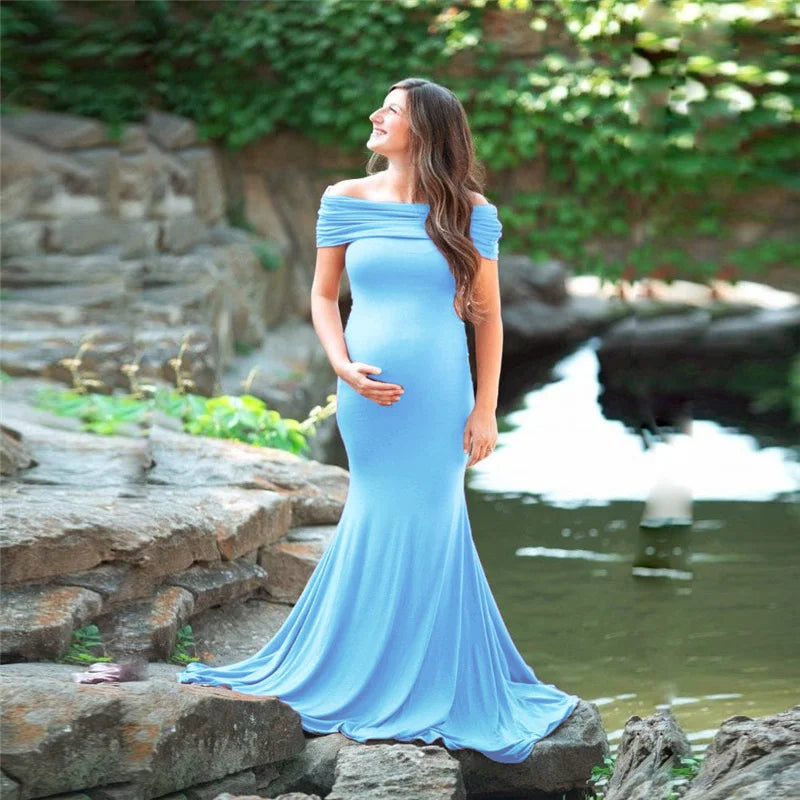Lace maternity gown maxi dress for pregnant women with long sleeves, perfect for photography and pregnancy shoots.