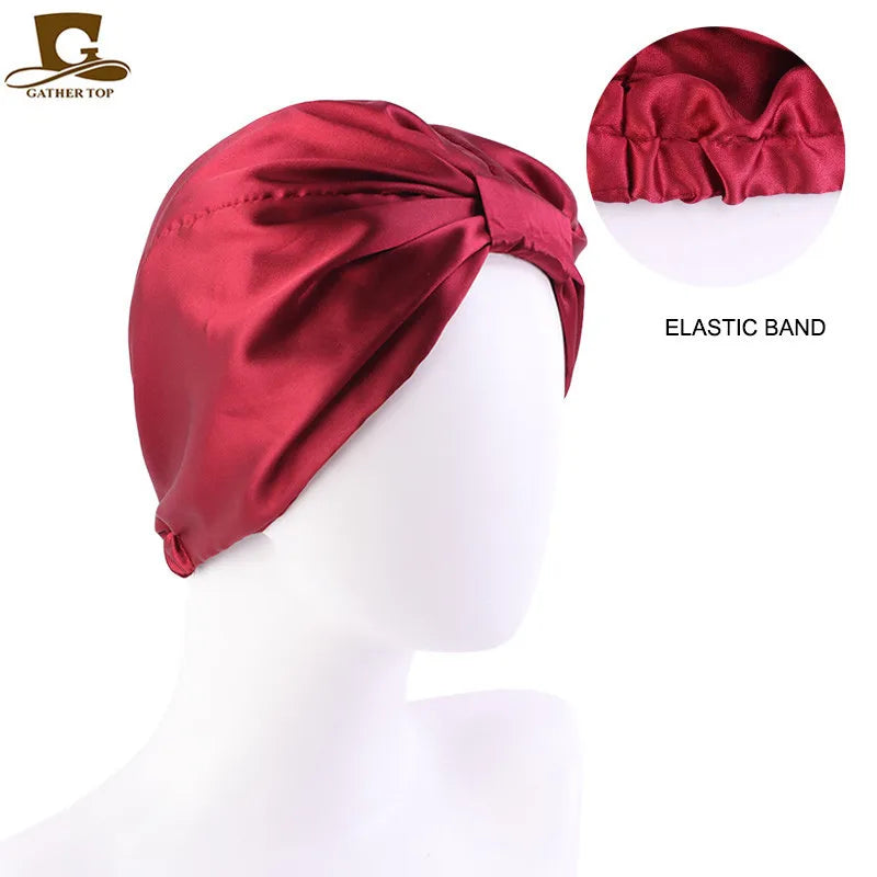Silky satin sleep bonnet cap for women with double layer knot design, ideal for hair protection and nursing.