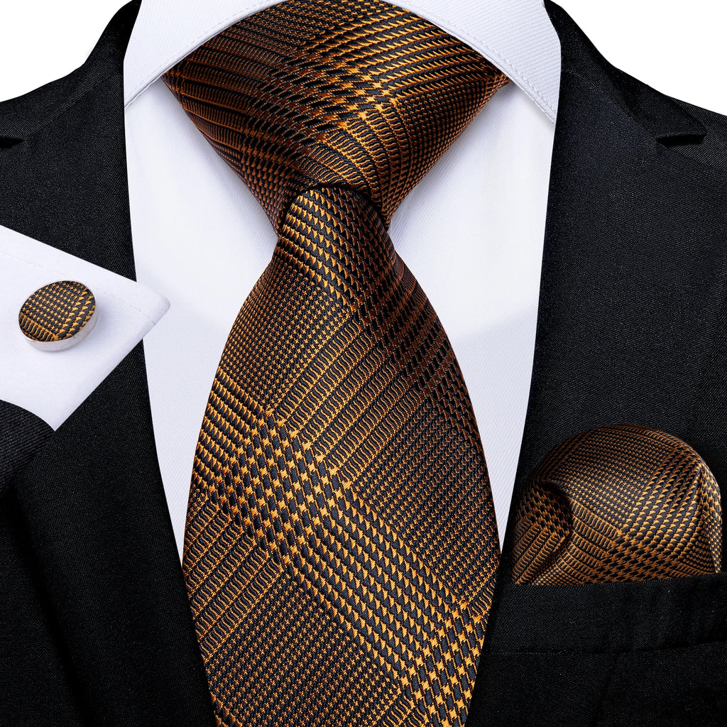 Gift Men Tie Luxury Gold Black Striped Paisley Silk Wedding Tie For Men DiBanGu Designer Hanky Cufflinks Fashion Tie Set