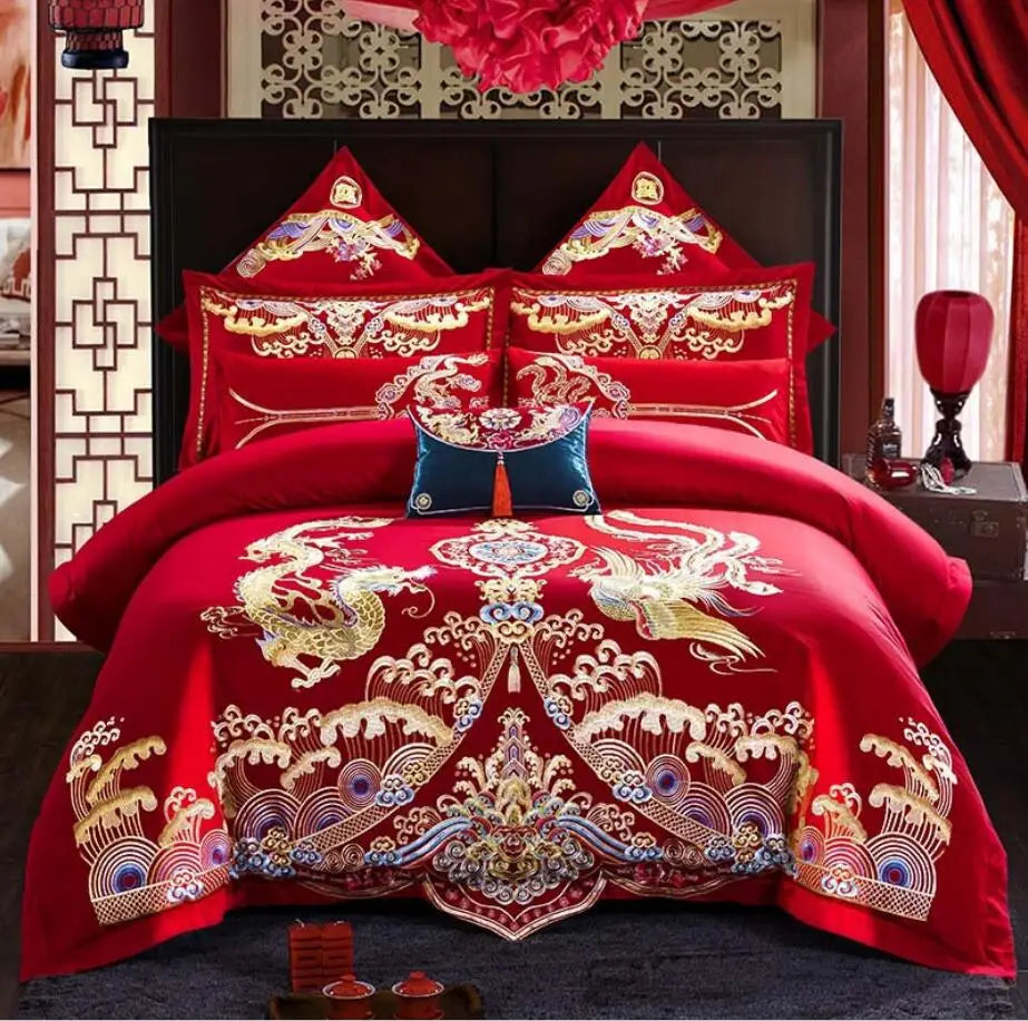Red Chinese Style Wedding Embroidery Duvet Cover Bed Sheet Set Cotton Solid Princess Bedding Set Luxury Romantic Girls Bed Cover