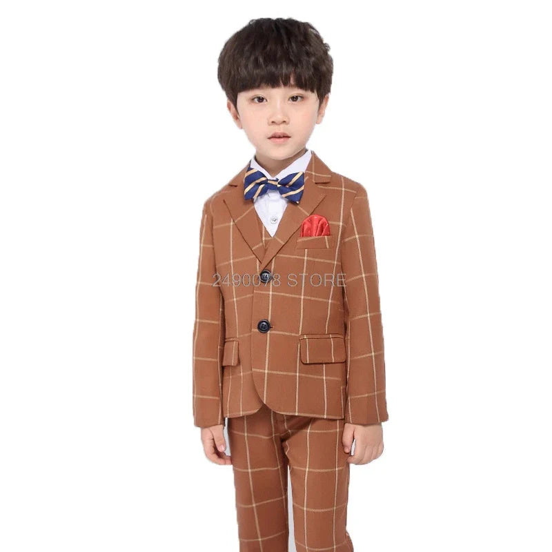 Boys' 4-piece formal plaid wedding suit by LUOBOBEIBEI, including blazer and pants, on a young boy model.