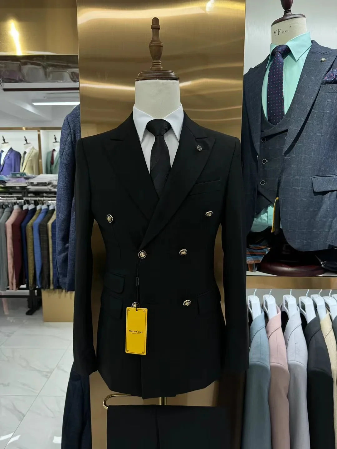 Men's double-breasted slim fit business suit by SHOWLU FASHION STORE, featuring a cotton fabric and tailored 2-piece design.