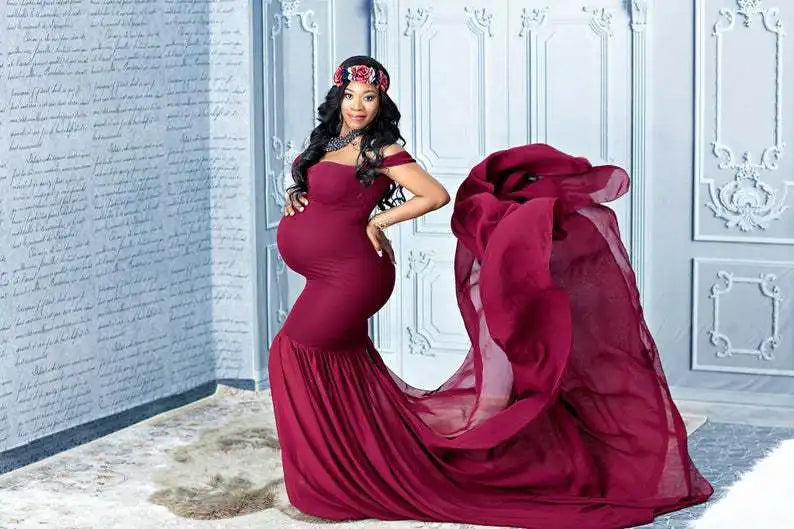 Shorha chiffon maternity photography dress with V-neck lace design and flowing fabric, perfect for pregnancy photo shoots.
