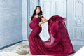 Shorha chiffon maternity photography dress with V-neck lace design and flowing fabric, perfect for pregnancy photo shoots.