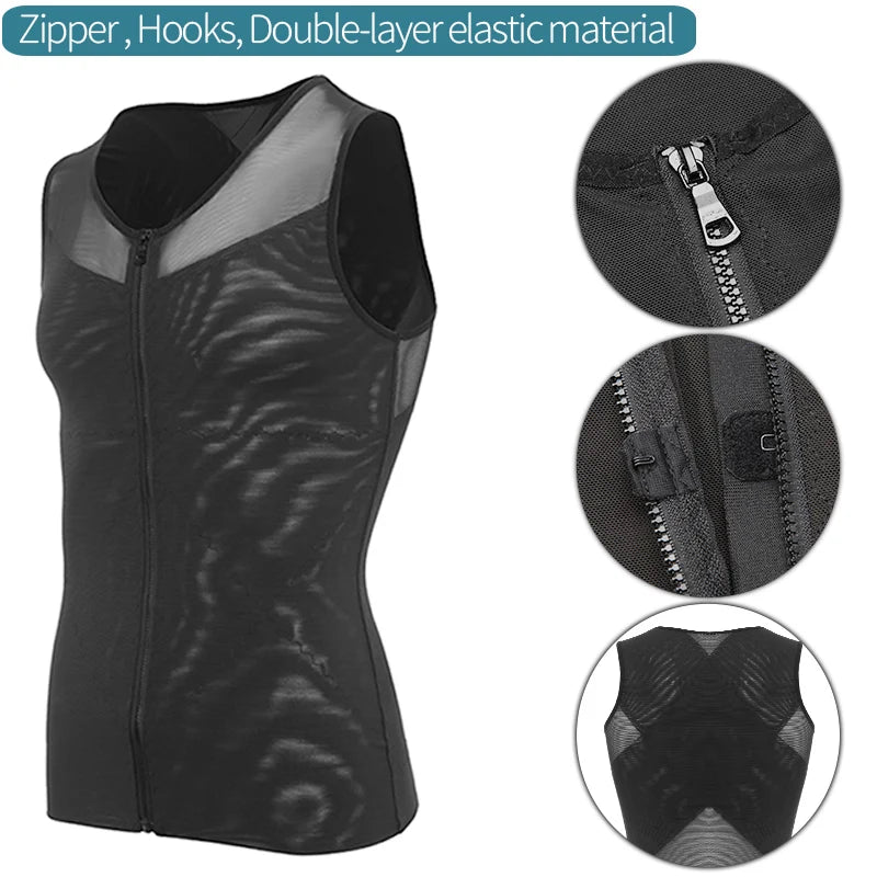 Mens Body Shaper Abdomen Slimming Shapewear Belly Shaping Corset Top Gynecomastia Compression Shirts WIth Zipper Waist Trainer