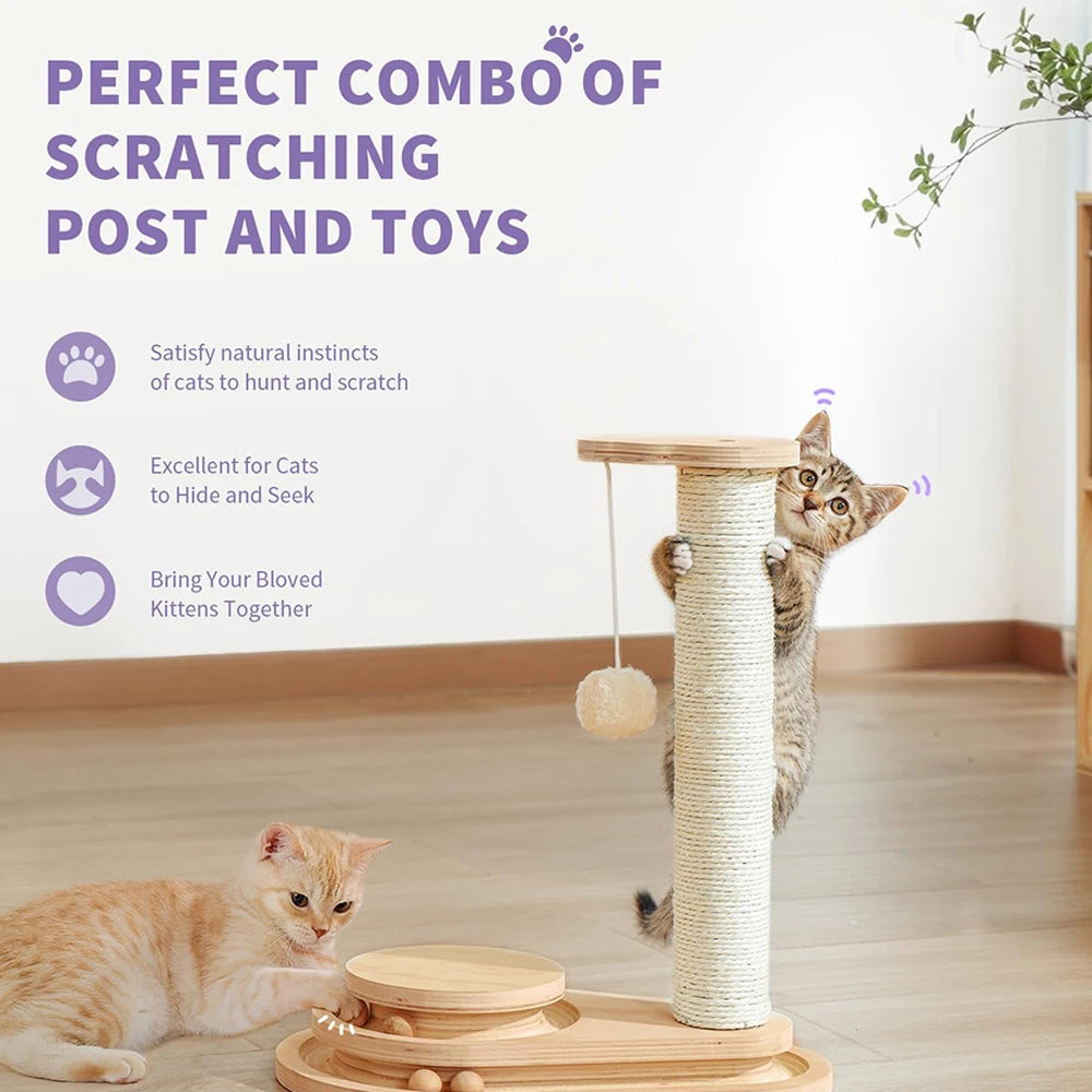 Polygon 2-level solid pine wood cat scratching tree with sisal toy, modern design for cats to scratch and play.