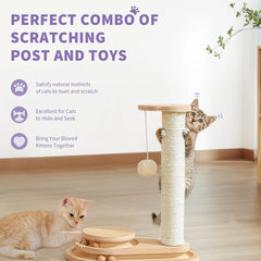 A two-level wooden cat scratching tree with a sisal post and a ball toy for two kittens.