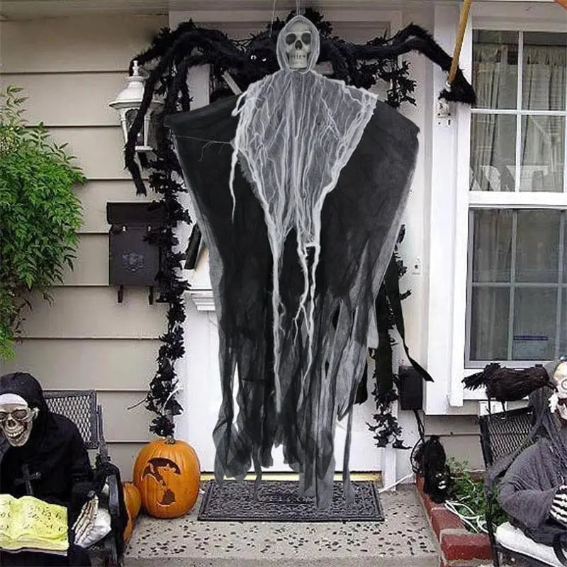Hanging skull ghost ornament for Halloween horror decor, featuring a spooky cotton ghost for haunted house and outdoor yard decor.