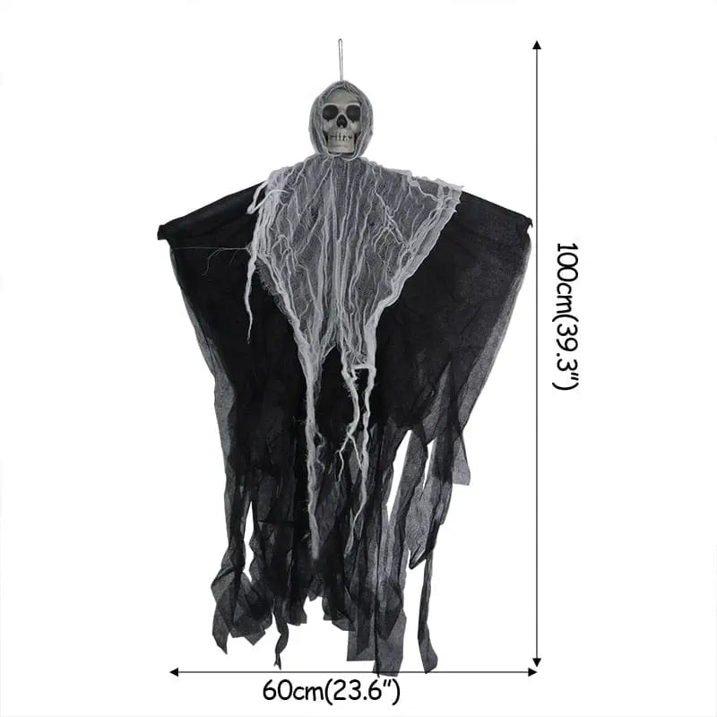 Hanging skull ghost ornament for Halloween horror decor, spooky prop for haunted house, yard, or indoor Halloween party.