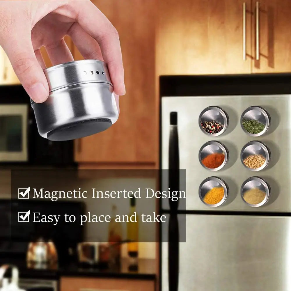 Magnetic stainless steel spice jar set from Showlu Smart General with labeled containers for kitchen storage and organization.