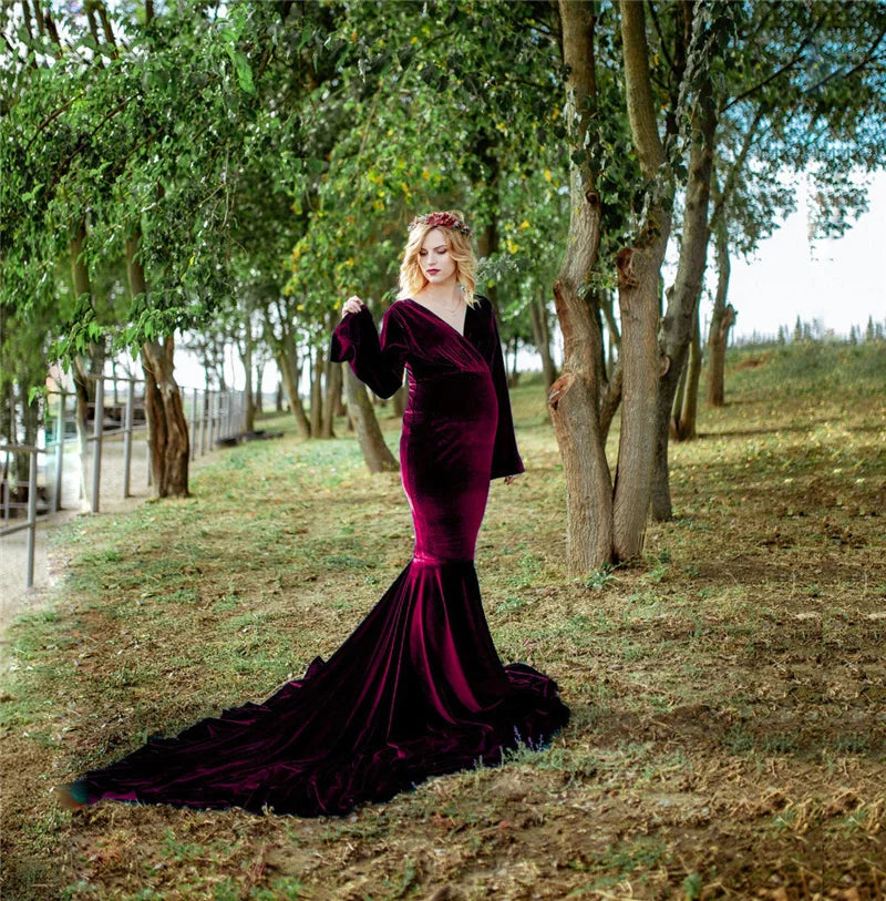 Lace maternity gown maxi dress for pregnant women, long sleeves, perfect for maternity photoshoots and special occasions.