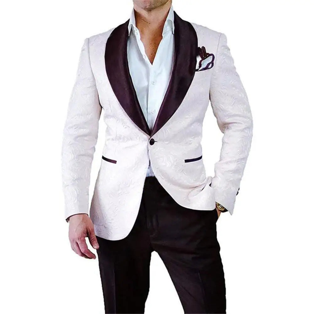 Men's white jacquard tuxedo by SHOWLU FASHION STORE, 2-piece slim fit wedding suit with tailored jacket and matching trousers.
