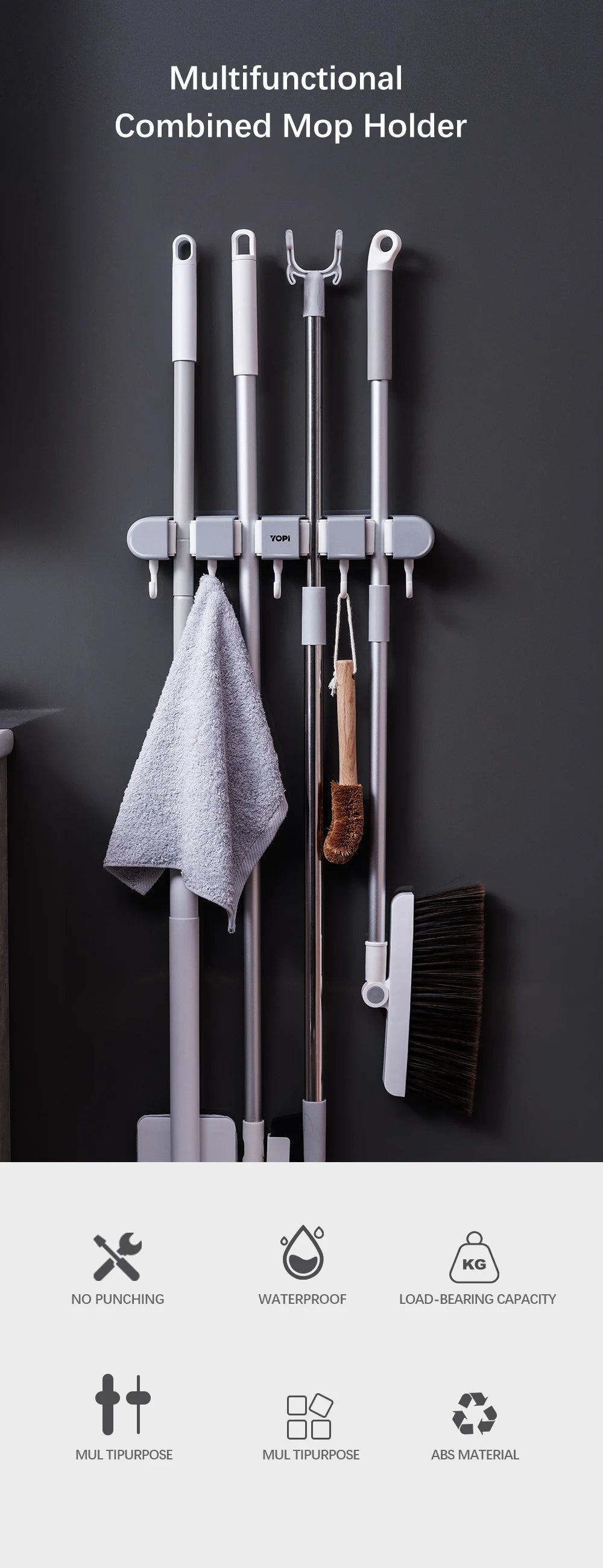 Showlu Smart General wall mounted broom holder with multiple slots for organizing brooms and cleaning tools.
