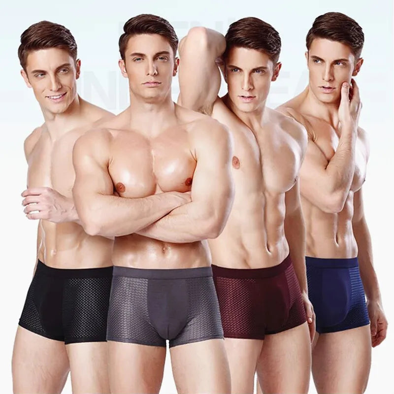 Showlu Fashion Men's bamboo fiber mesh boxer briefs in plus size, 4-pack, featuring breathable, comfortable fabric and supportive fit.