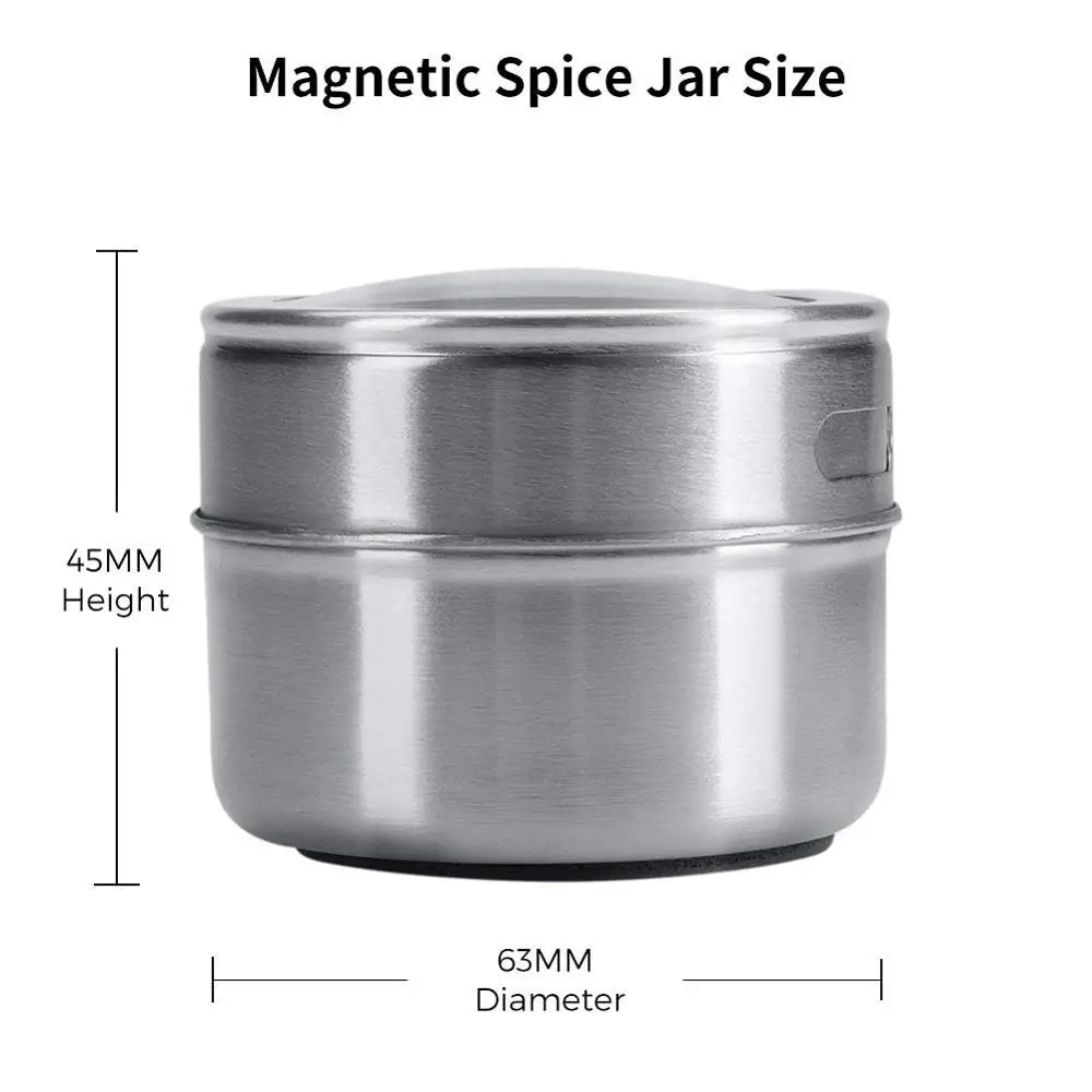 Magnetic stainless steel spice jar set with labeled containers and a magnetic strip for kitchen storage by Showlu Smart General