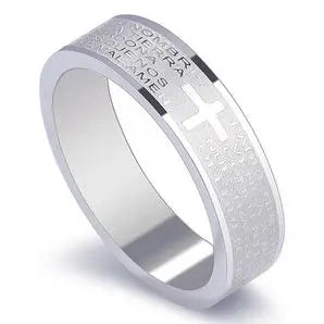 Mango Sky Titanium Steel Christian Cross Bible Ring, 8mm unisex band with Christian cross design, shown in the image.