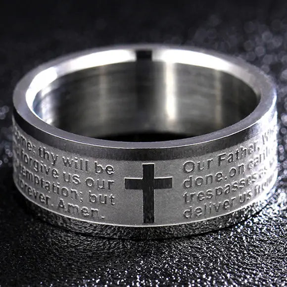 Unisex Mango Sky Titanium Steel Christian Cross Bible Ring with 8mm band, featuring a detailed cross design on polished metal.