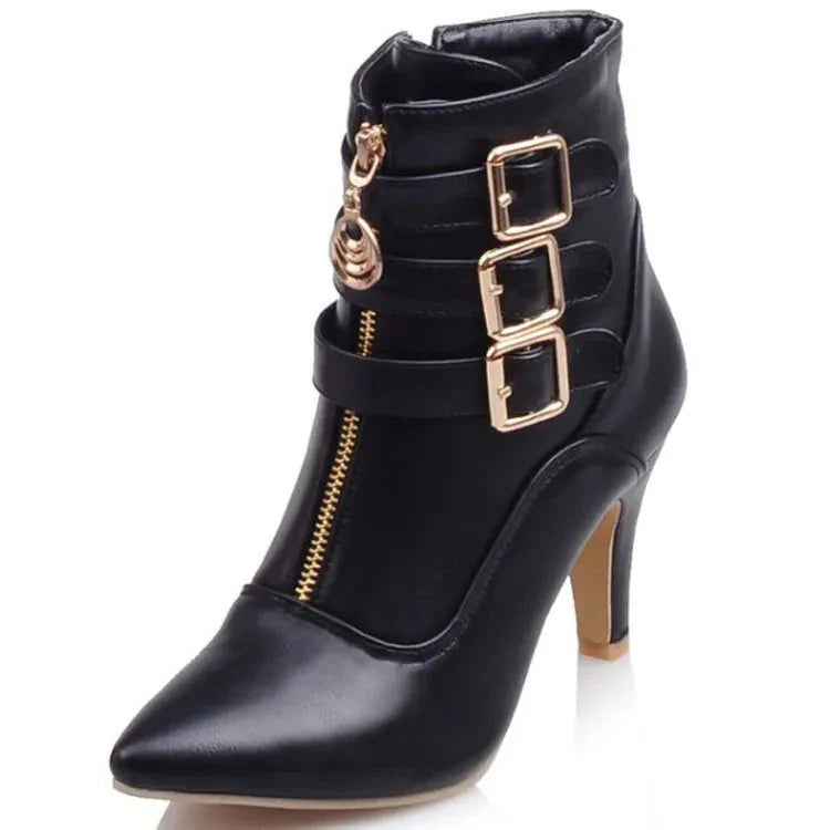 Showlu Fashion YBQJOO women's pointed toe Chelsea ankle boots with high heels, buckle accents, and side zipper detail.