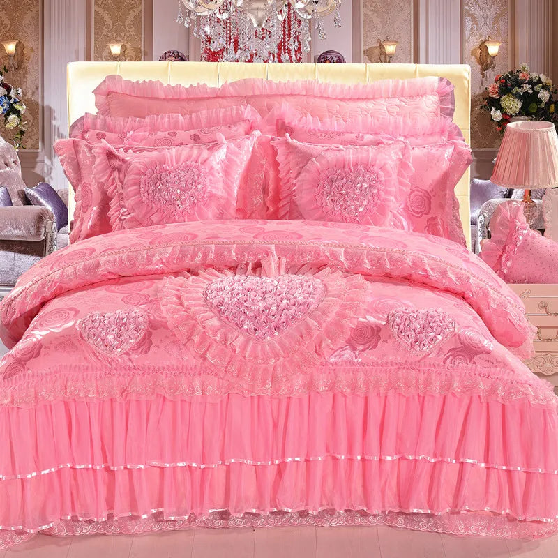 Red Jacquard Satin Cotton Bedding Set, Luxury Chinese Wedding Princess Heart-Shaped Lace Duvet Cover, Bed Sheet, Pillowcases