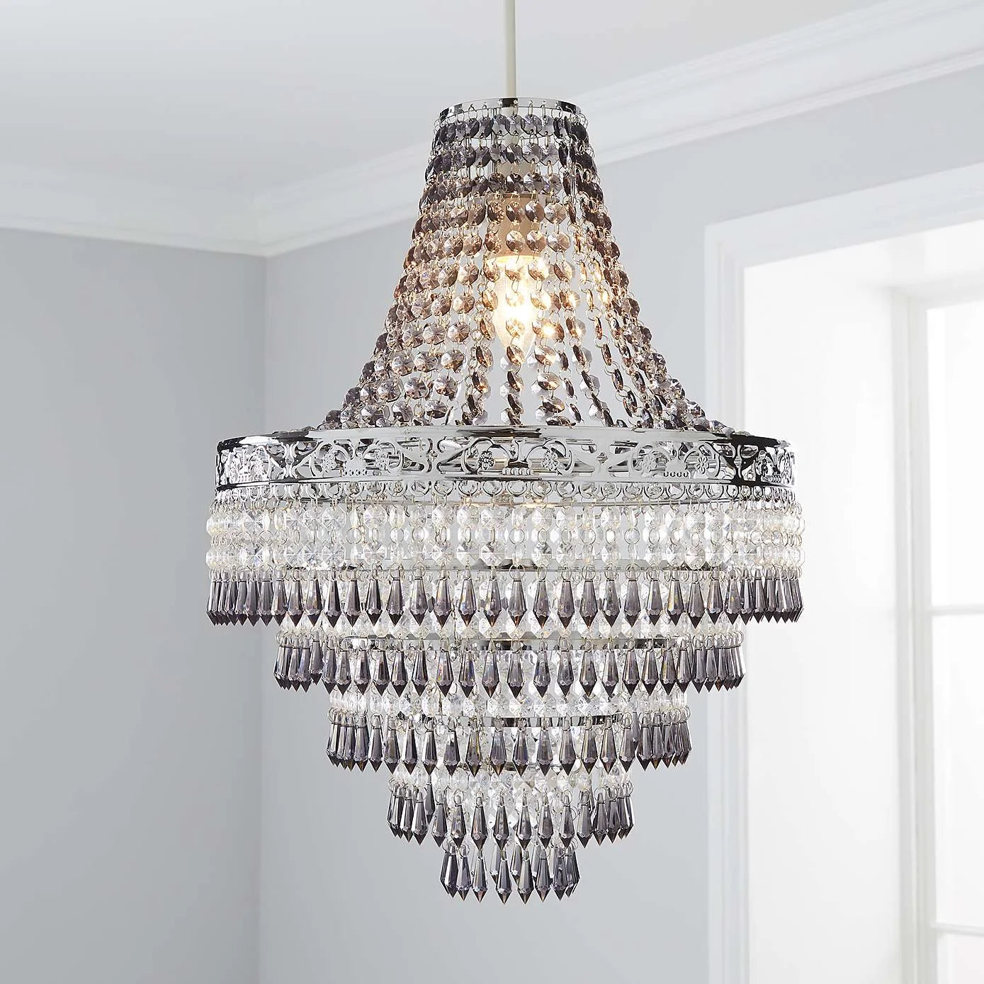 Showlu Blenheim 47cm acrylic chandelier shade with modern pendant droplets, featuring a sleek clear design for contemporary lighting.