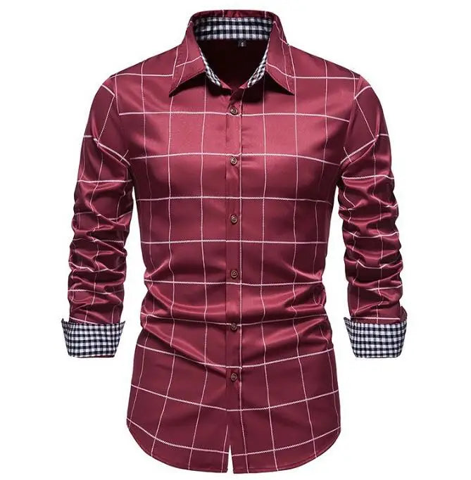 Men's plaid long sleeve casual shirt from Showlu Fashion Store, featuring a cotton blend fabric and button-down design.